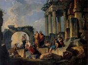 Panini, Giovanni Paolo Ruins with Scene of the Apostle Paul Preaching painting